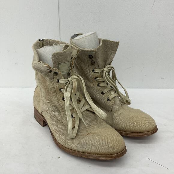 N.D.C. Made By Hand Lace-Up Combat Boots Beige Textile Women’s Size 7 Preowned - Picture 2 of 7